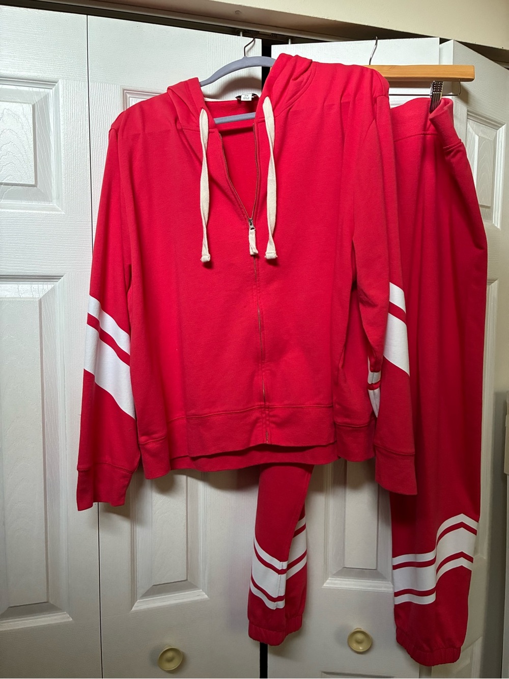 J. Crew Red Hooded Zip-Up Jogger Set w/White Stripe Accents, Size 2X